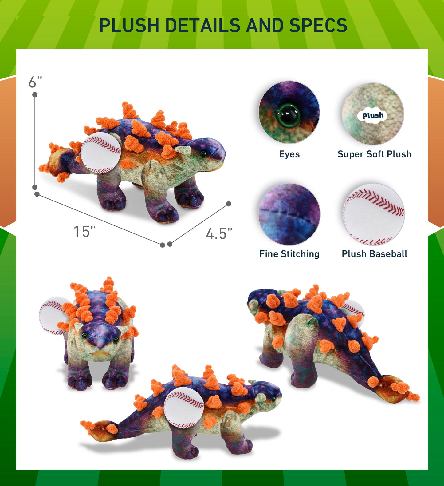 WILD COLLECTION PLUSH - ANKYLOSAURUS DINOSAUR 15" WITH BASEBALL PLUSH