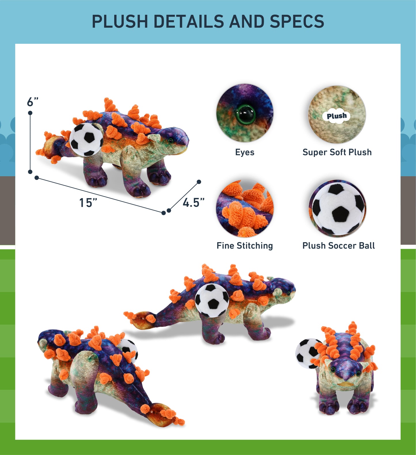 WILD COLLECTION PLUSH - ANKYLOSAURUS DINOSAUR 15" WITH SOCCER PLUSH