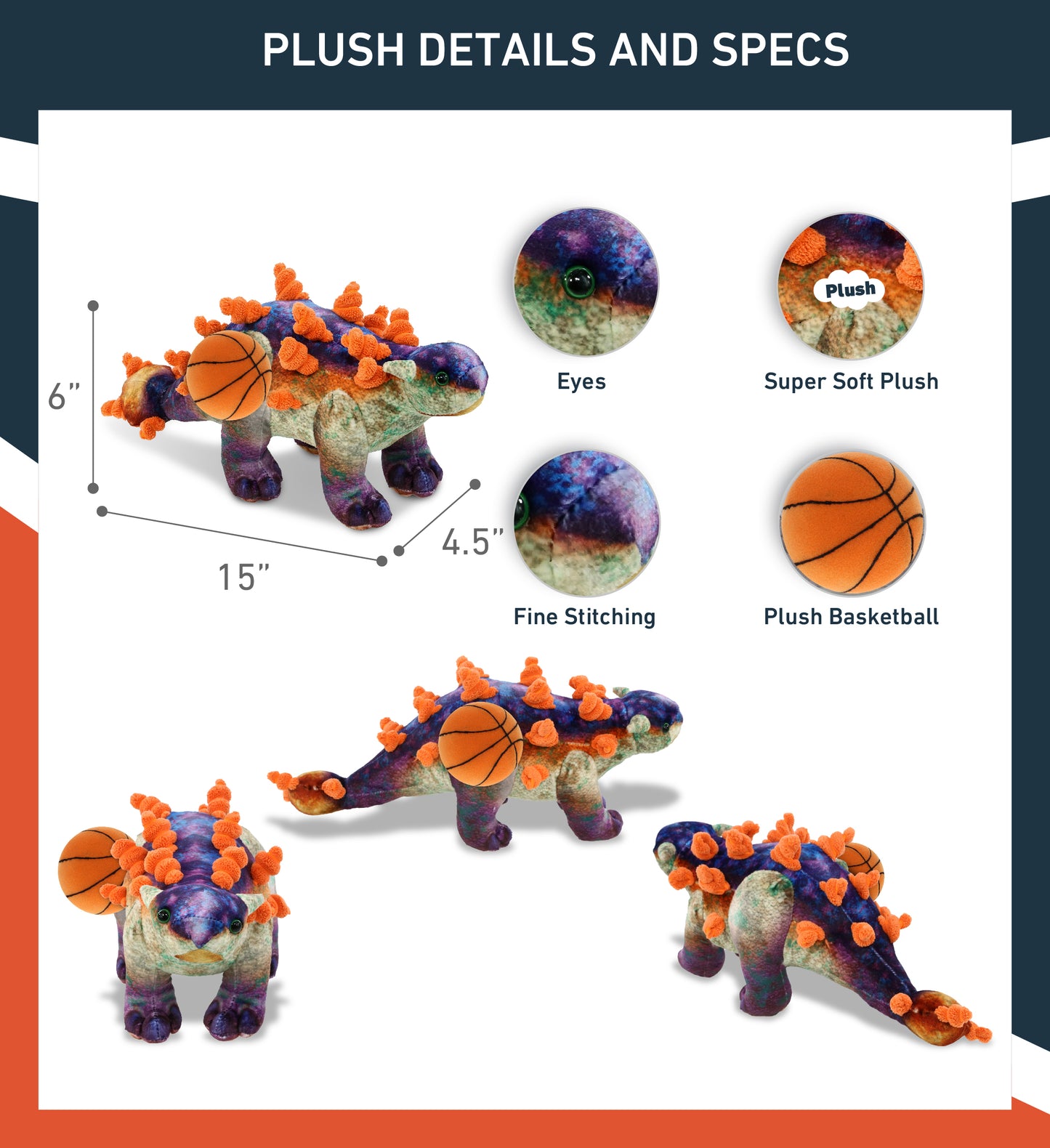 WILD COLLECTION PLUSH - ANKYLOSAURUS DINOSAUR 15" WITH BASKETBALL PLUSH