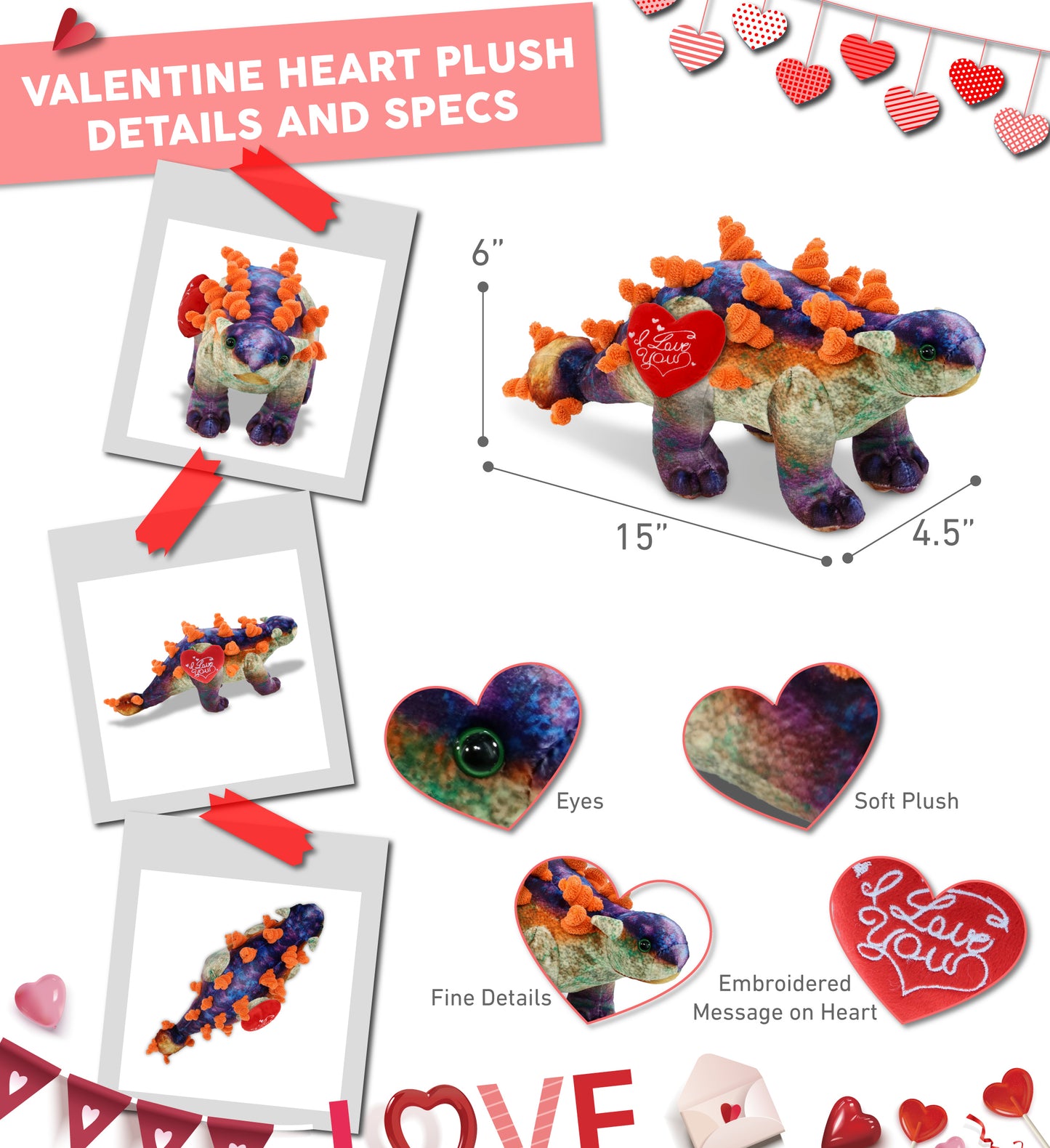 PLUSH I LOVE YOU RED HEART - WILD COLLECTION PLUSH - ANKYLOSAURUS DINOSAUR 15"