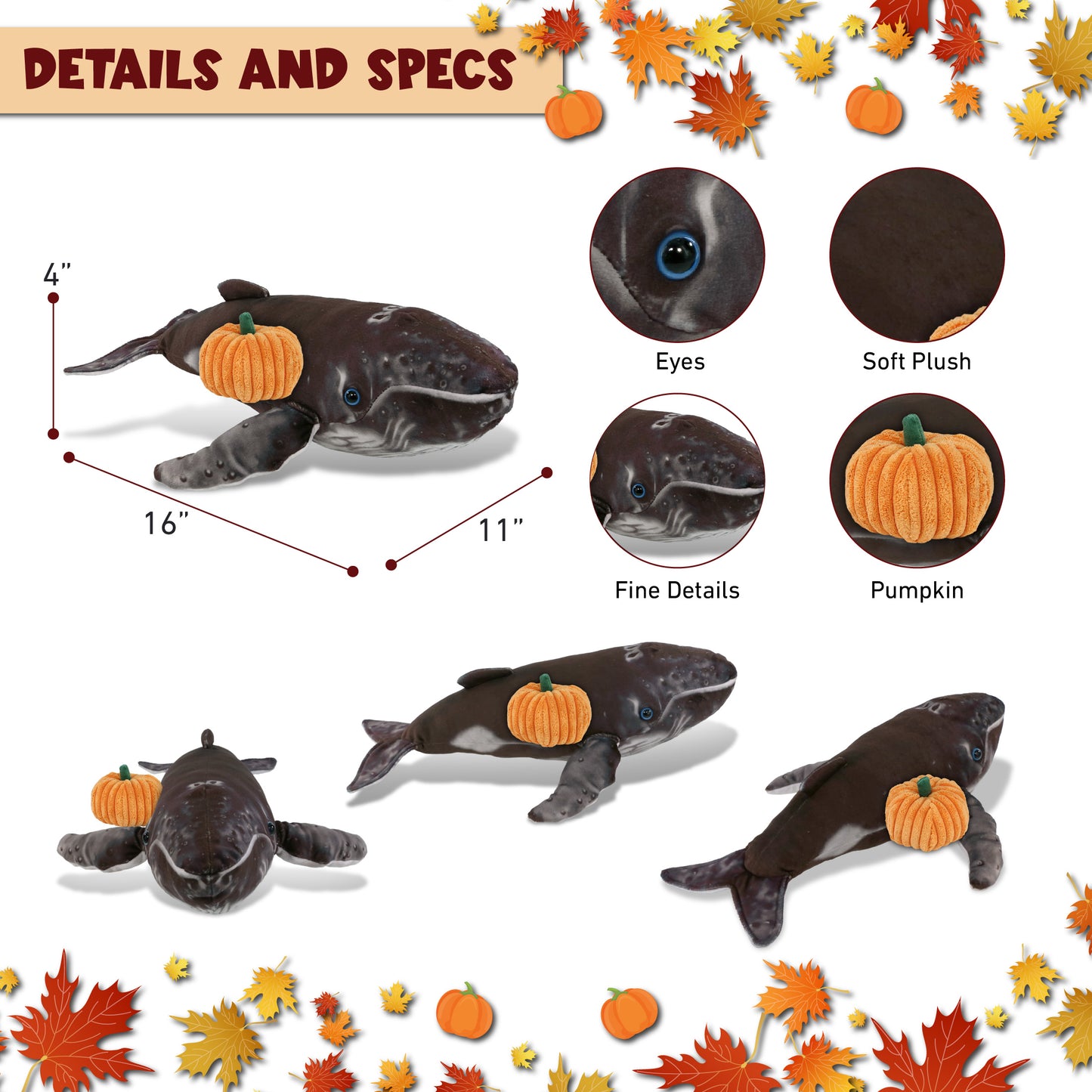 WILD COLLECTION PLUSH - HUMPBACK WHALE 16" WITH PUMPKIN PLUSH
