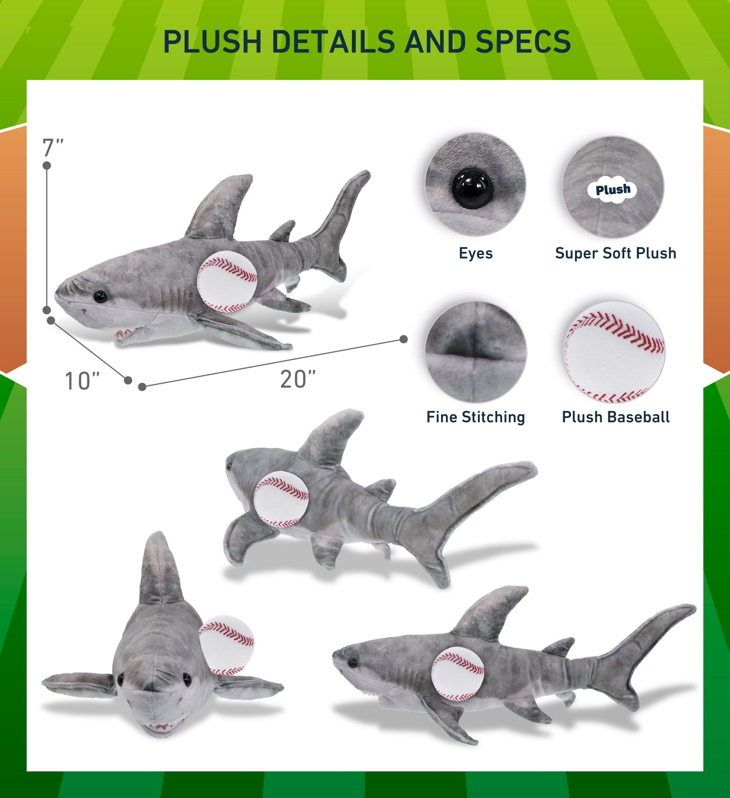 WILD COLLECTION PLUSH - SHARK 20" WITH BASEBALL PLUSH