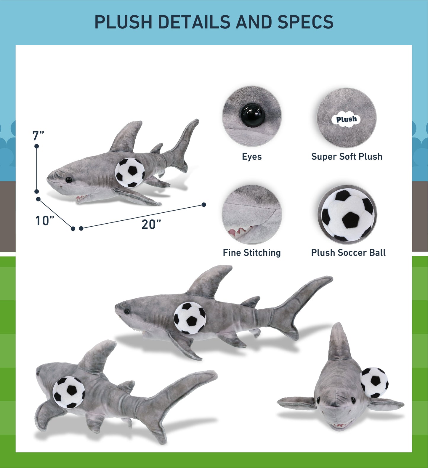 WILD COLLECTION PLUSH - SHARK 20" WITH SOCCER PLUSH