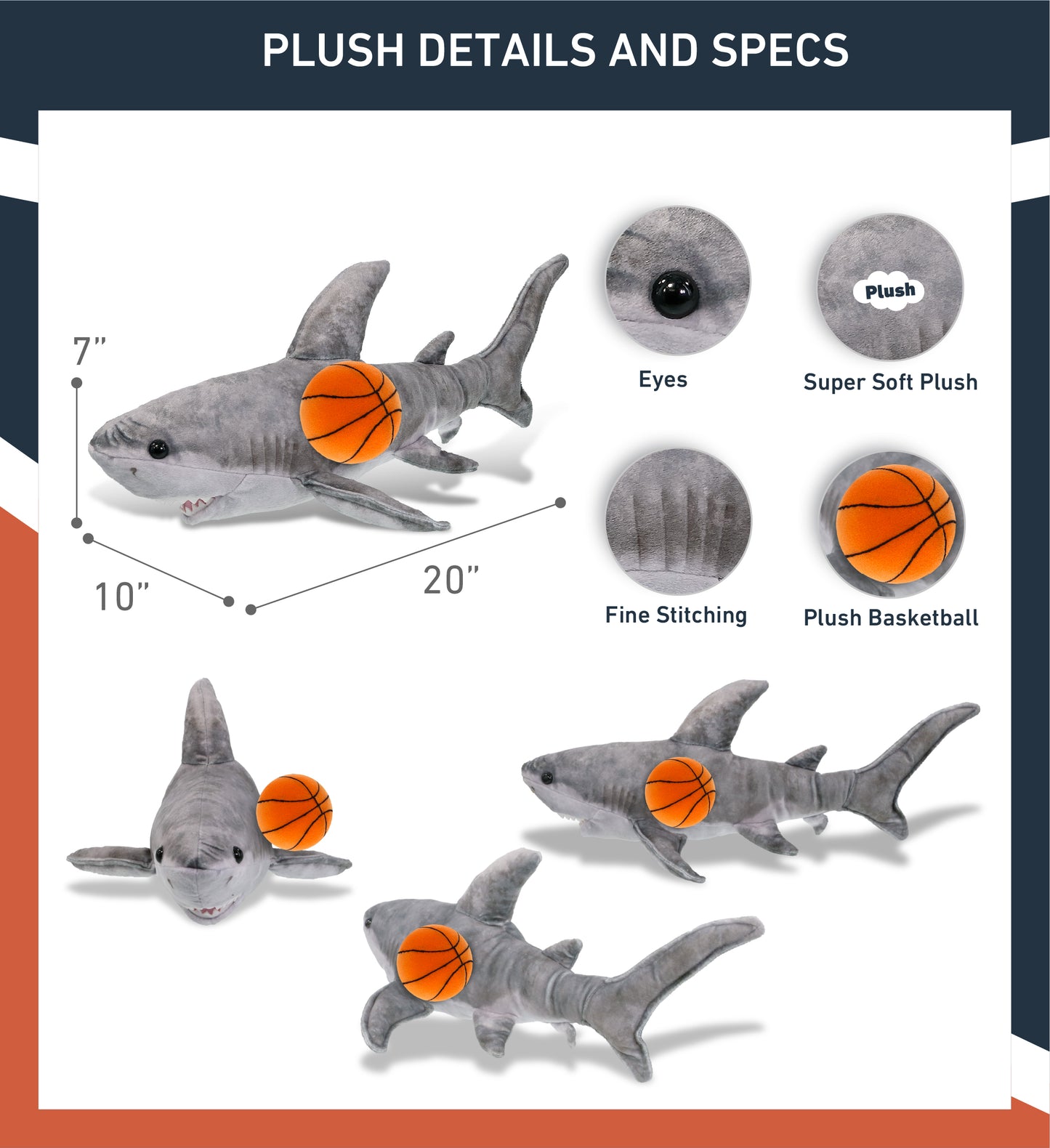 WILD COLLECTION PLUSH - SHARK 20" WITH BASKETBALL PLUSH