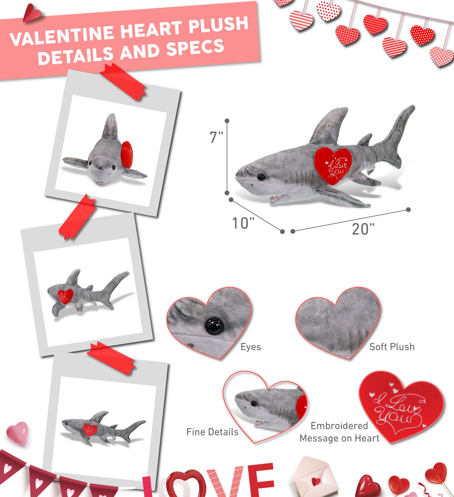 PLUSH I LOVE YOU RED HEART - WILD COLLECTION PLUSH - SHARK 20"