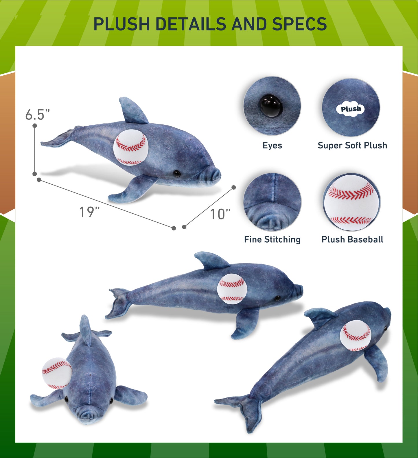 WILD COLLECTION PLUSH - DOLPHIN 19" WITH BASEBALL PLUSH