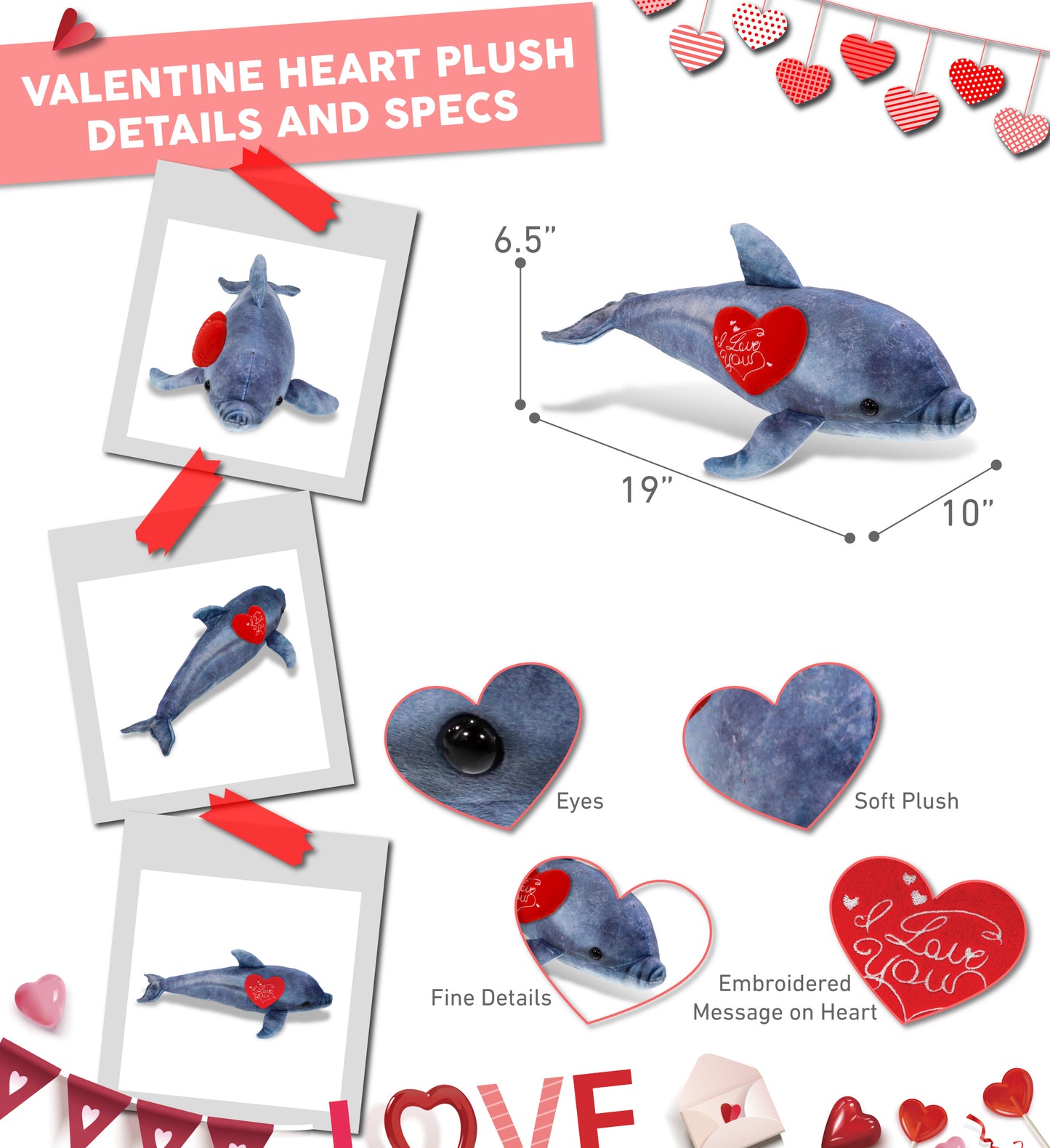 PLUSH I LOVE YOU RED HEART - WILD COLLECTION PLUSH - DOLPHIN 19"