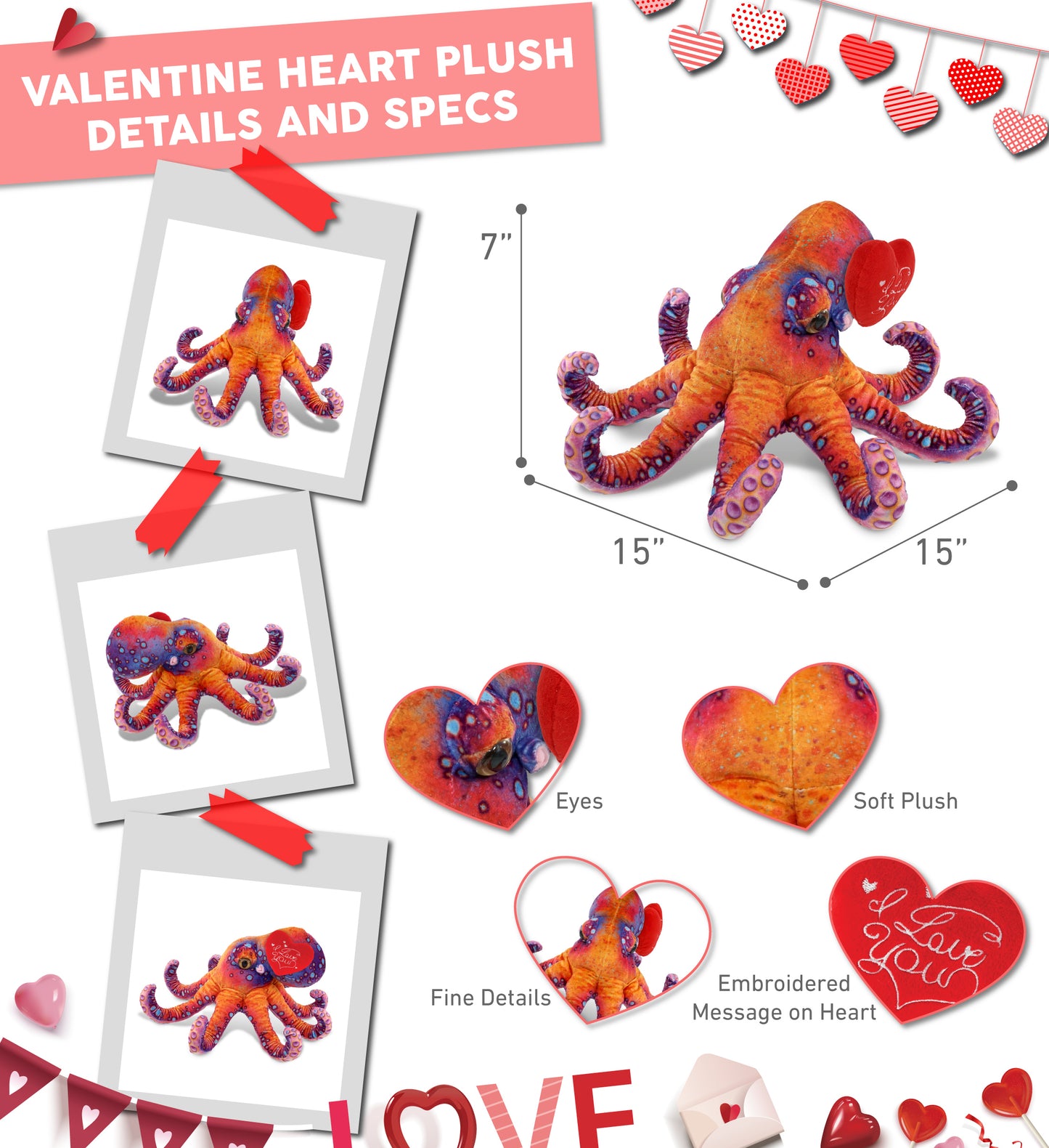 PLUSH I LOVE YOU RED HEART - WILD COLLECTION PLUSH - OCTOPUS 15"