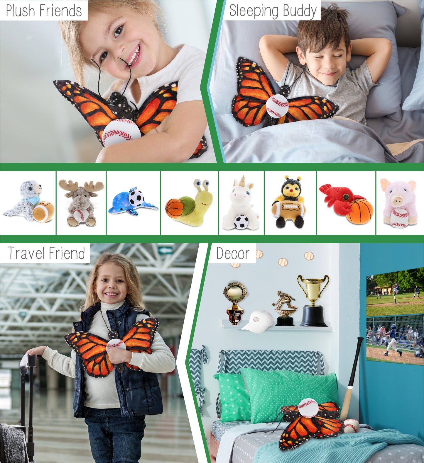 WILD COLLECTION PLUSH - ORANGE BUTTERFLY 12" WITH BASEBALL PLUSH