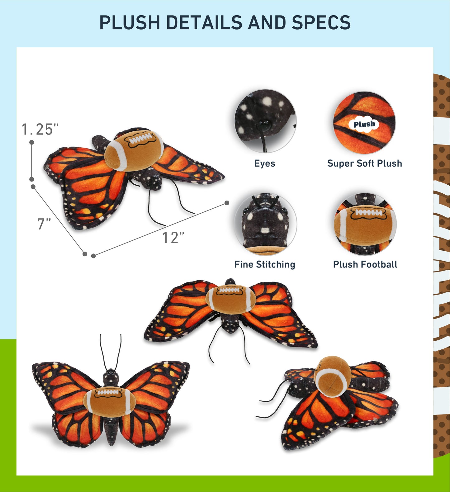 WILD COLLECTION PLUSH - ORANGE BUTTERFLY 12" WITH FOOTBALL PLUSH