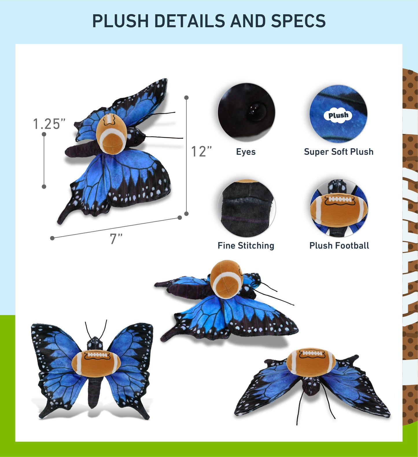 WILD COLLECTION PLUSH - BLUE BUTTERFLY 12" WITH FOOTBALL PLUSH