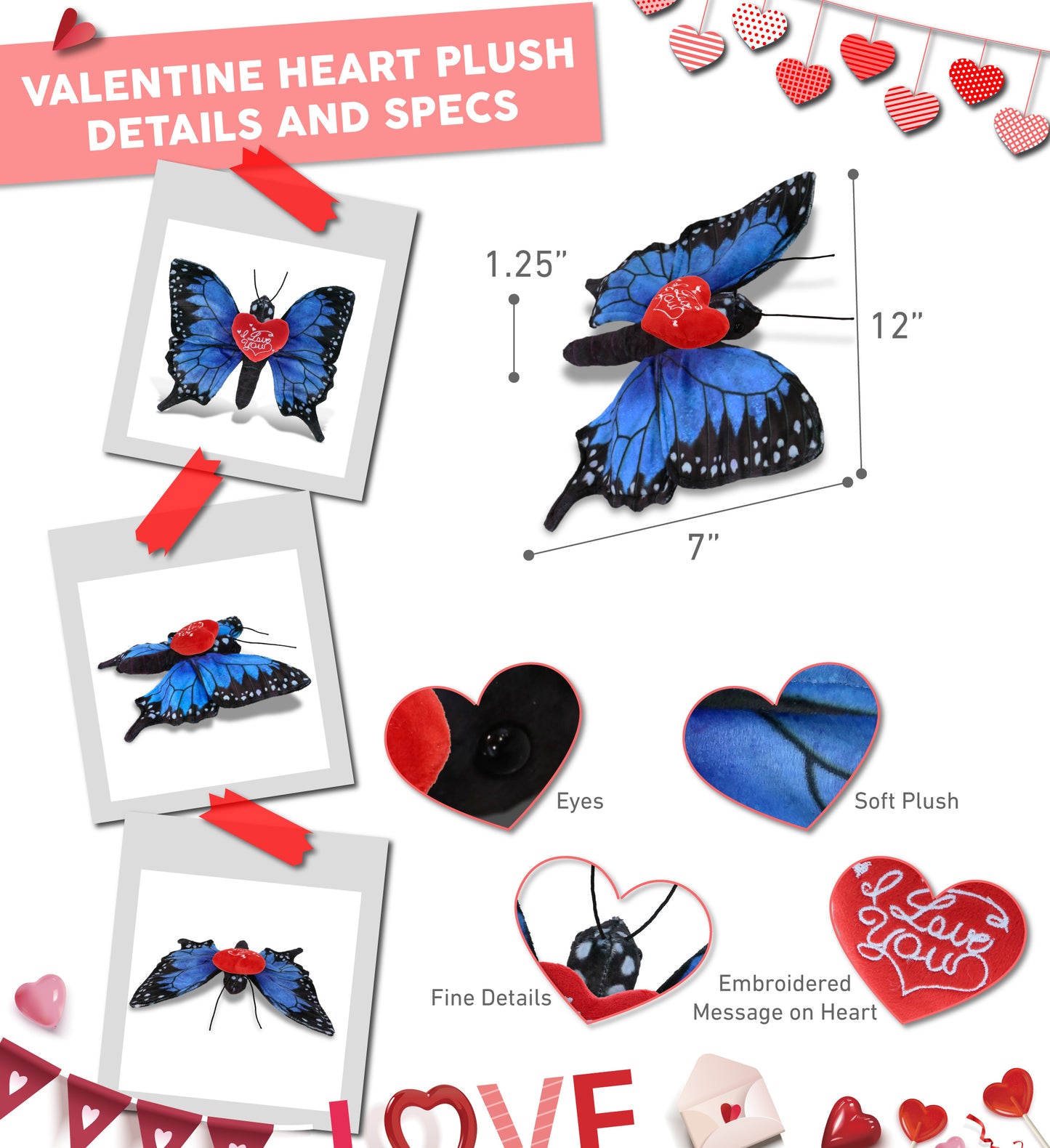 PLUSH I LOVE YOU RED HEART - WILD COLLECTION PLUSH - BLUE BUTTERFLY 12"