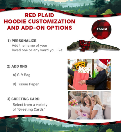 WILD COLLECTION PLUSH - ALLIGATOR 28" WITH RED PLAID HOODIE
