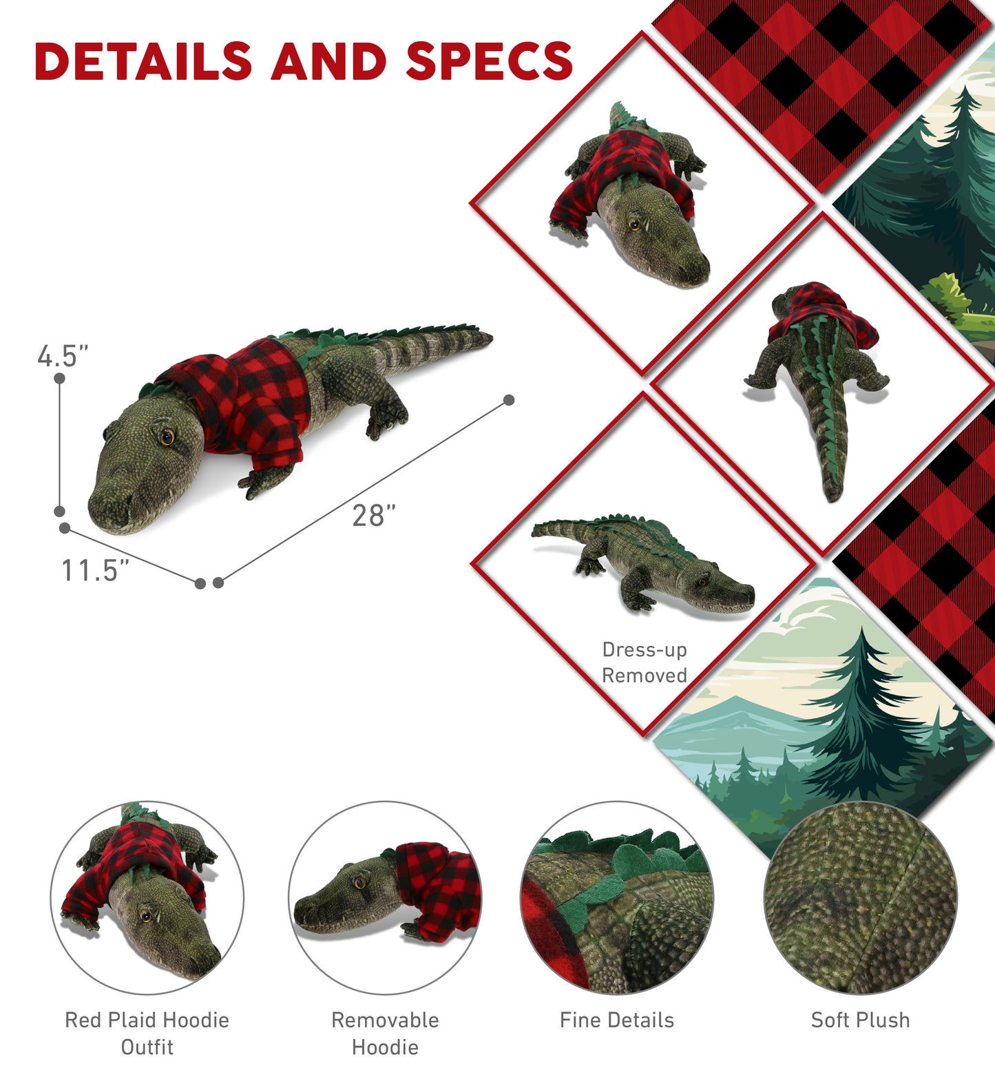 WILD COLLECTION PLUSH - ALLIGATOR 28" WITH RED PLAID HOODIE