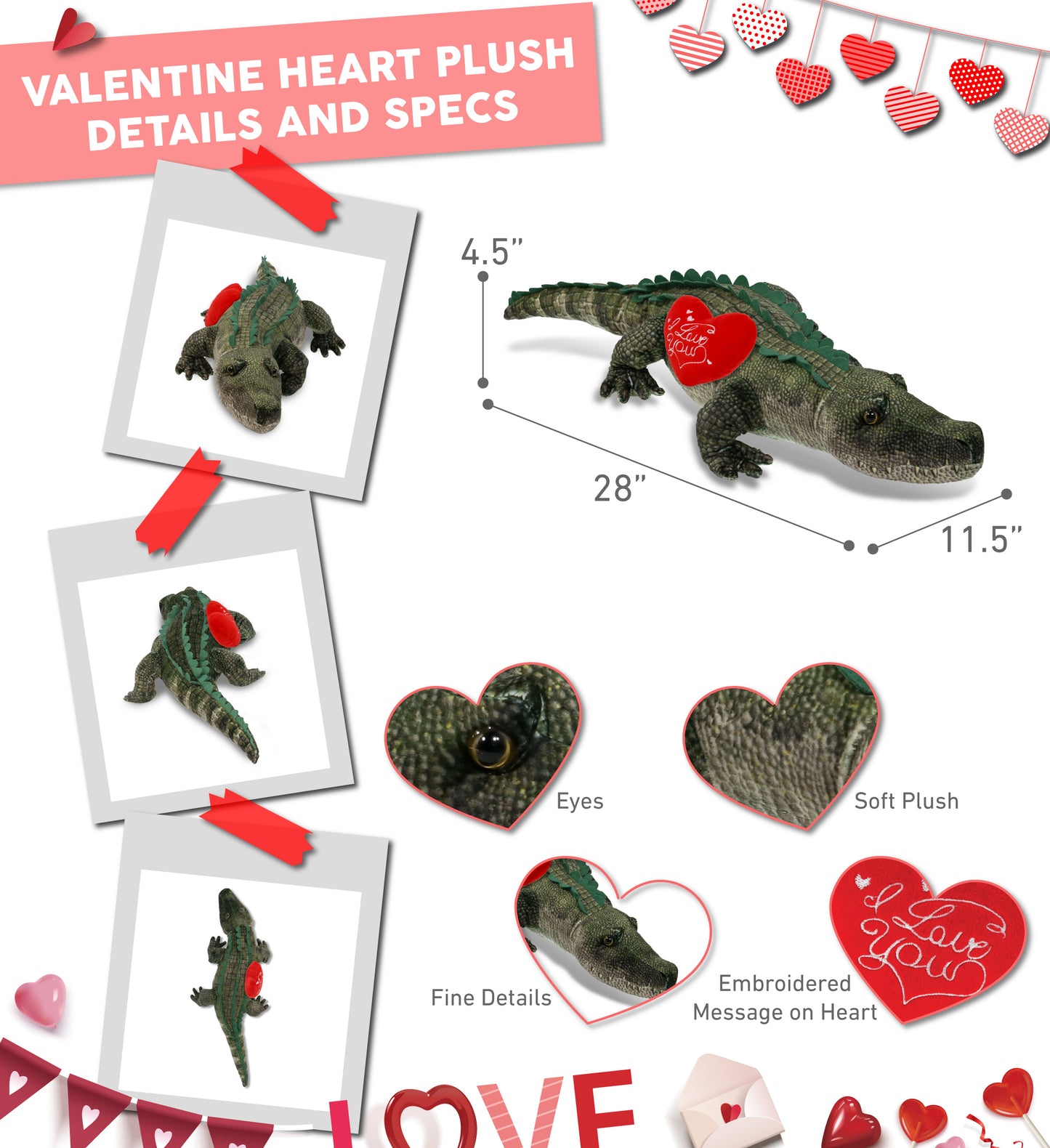 PLUSH I LOVE YOU RED HEART - WILD COLLECTION PLUSH - ALLIGATOR 28"