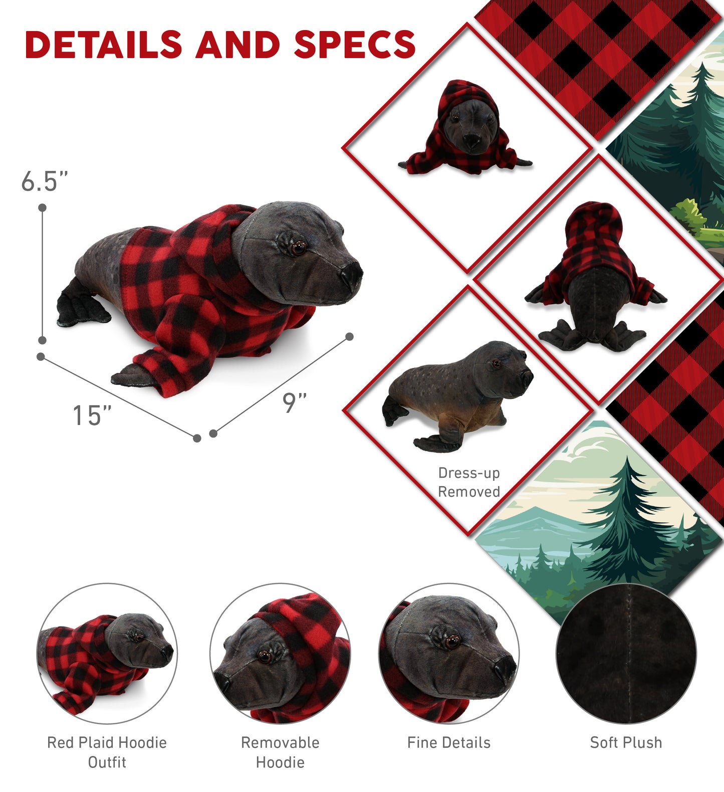 WILD COLLECTION PLUSH - SEA LION 15" WITH RED PLAID HOODIE