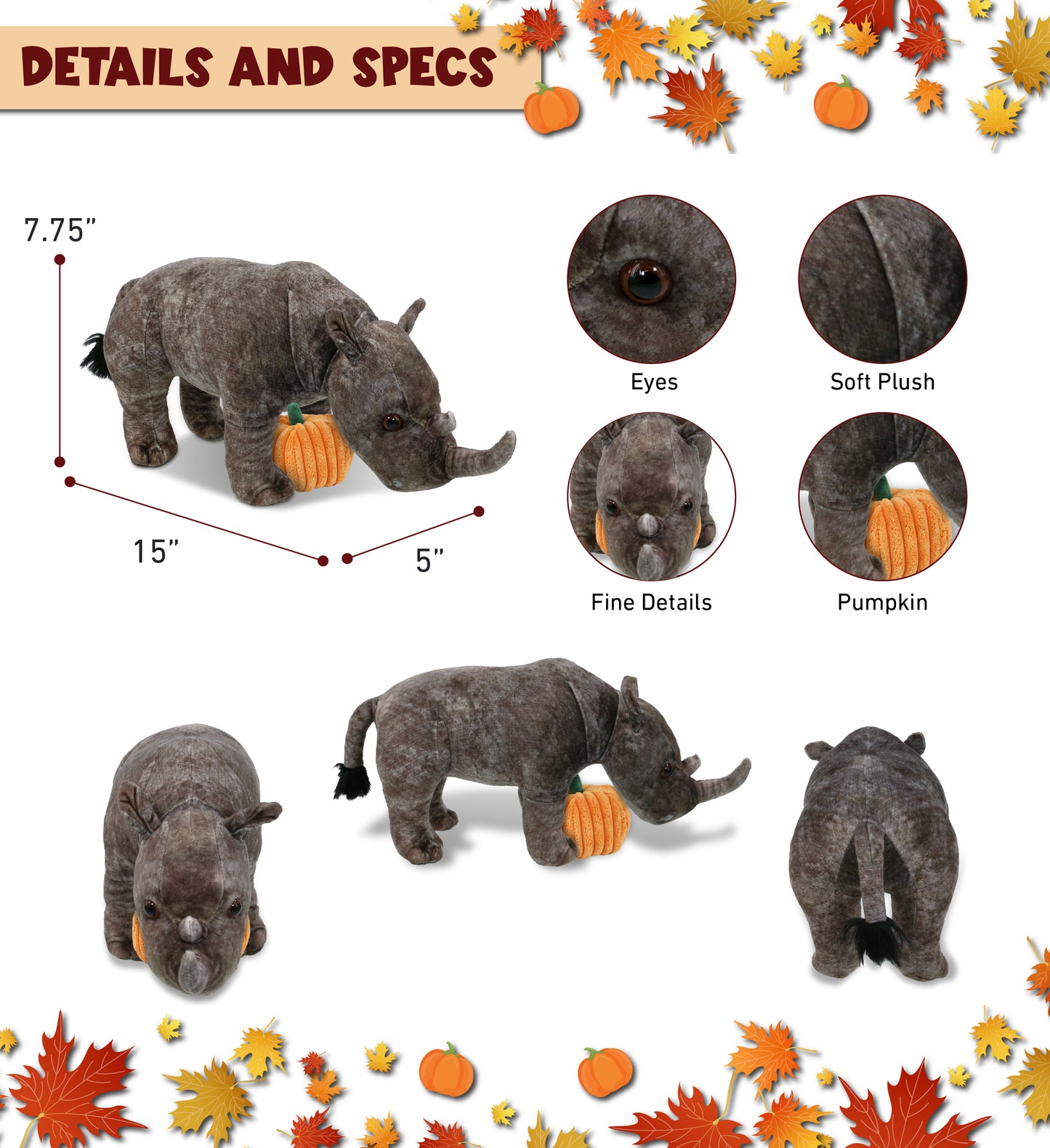 WILD COLLECTION PLUSH - RHINO 15" WITH PUMPKIN PLUSH