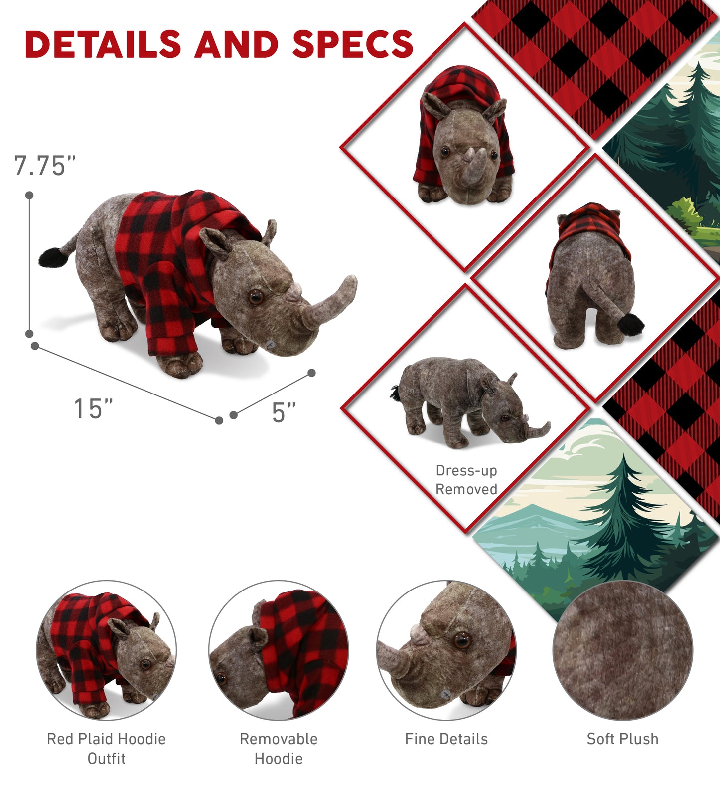 WILD COLLECTION PLUSH - RHINO 15" WITH RED PLAID HOODIE
