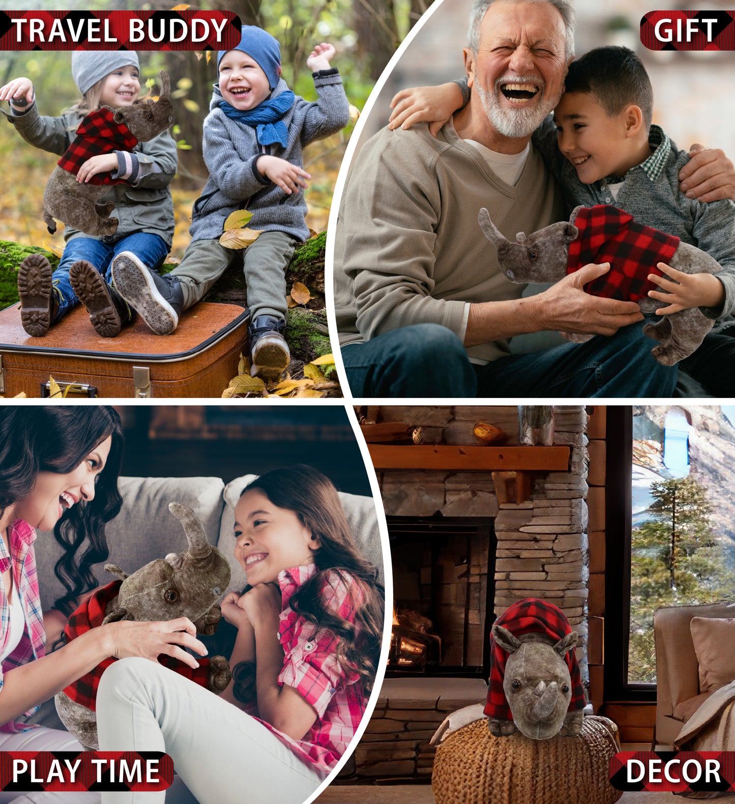 WILD COLLECTION PLUSH - RHINO 15" WITH RED PLAID HOODIE