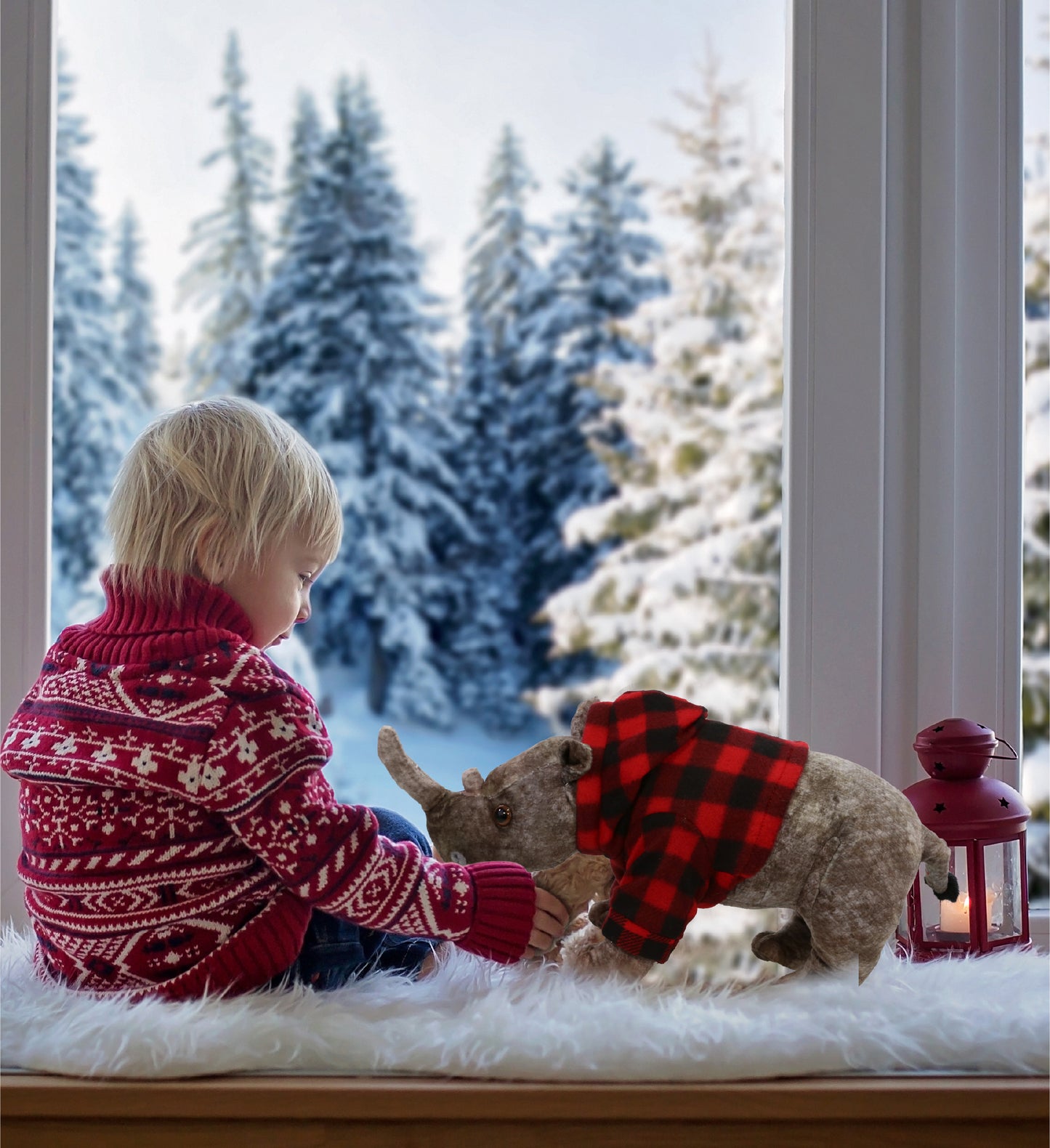 WILD COLLECTION PLUSH - RHINO 15" WITH RED PLAID HOODIE