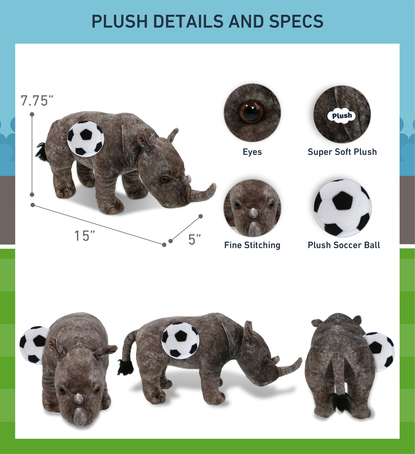 WILD COLLECTION PLUSH - RHINO 15" WITH SOCCER PLUSH