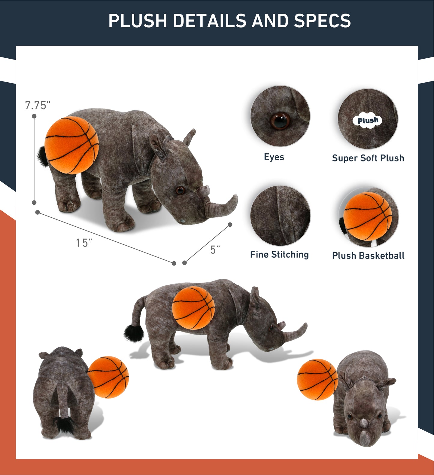 WILD COLLECTION PLUSH - RHINO 15" WITH BASKETBALL PLUSH