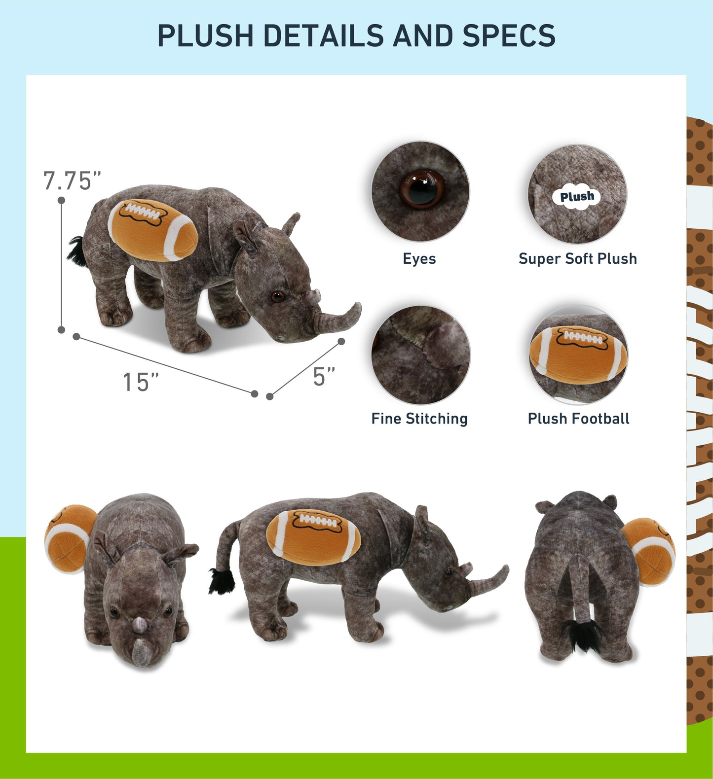 WILD COLLECTION PLUSH - RHINO 15" WITH FOOTBALL PLUSH