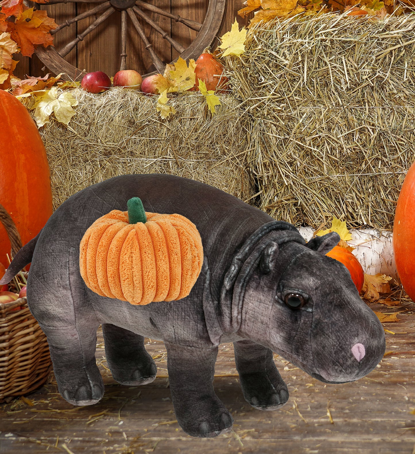 WILD COLLECTION PLUSH - HIPPO 13" WITH PUMPKIN PLUSH