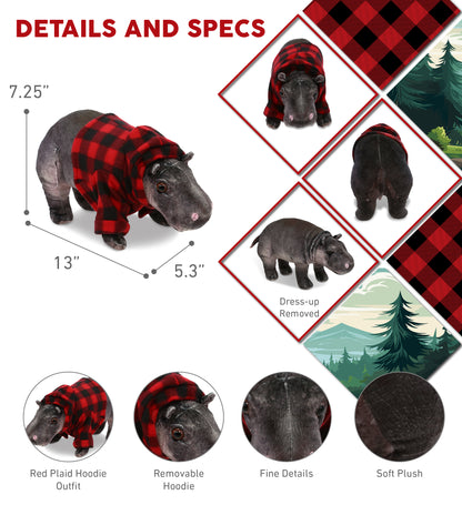 WILD COLLECTION PLUSH - HIPPO 13" WITH RED PLAID HOODIE