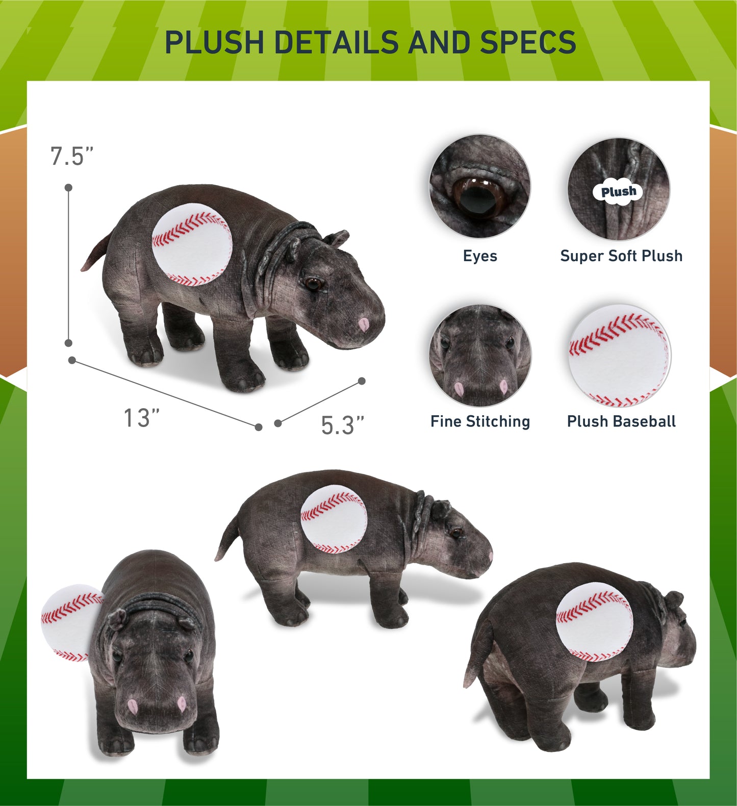 WILD COLLECTION PLUSH - HIPPO 13" WITH BASEBALL PLUSH