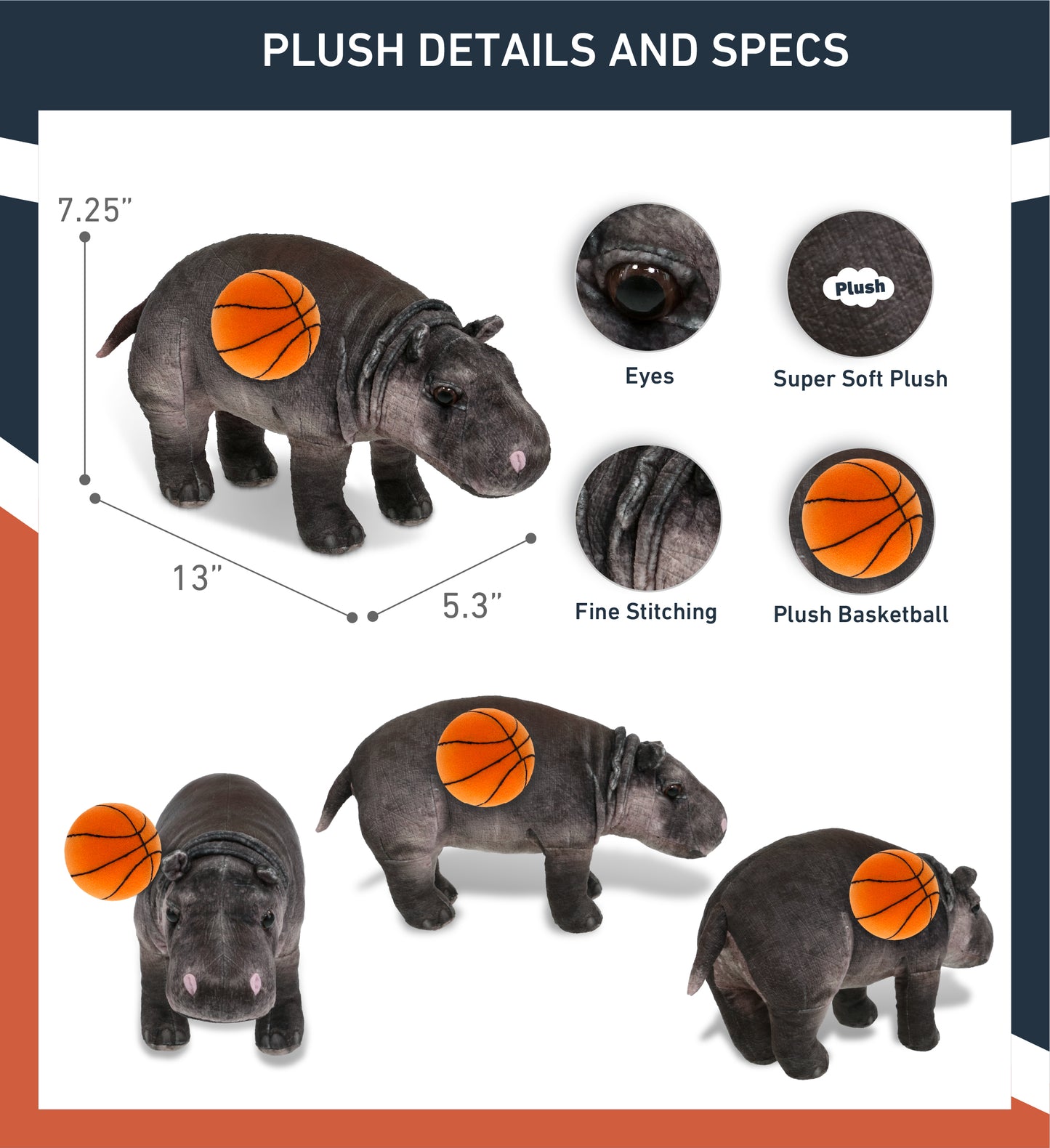 WILD COLLECTION PLUSH - HIPPO 13" WITH BASKETBALL PLUSH