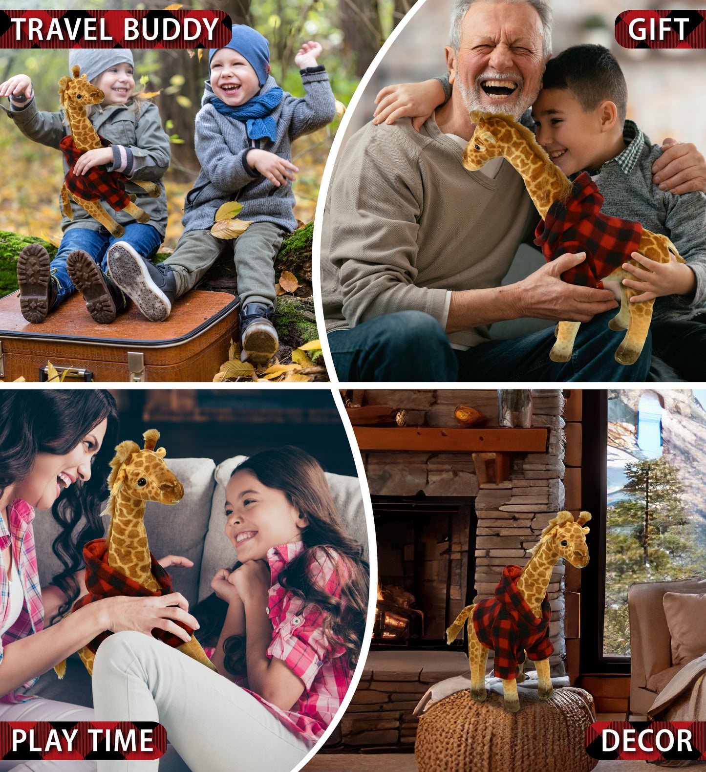 WILD COLLECTION PLUSH - GIRAFFE 15" WITH RED PLAID HOODIE