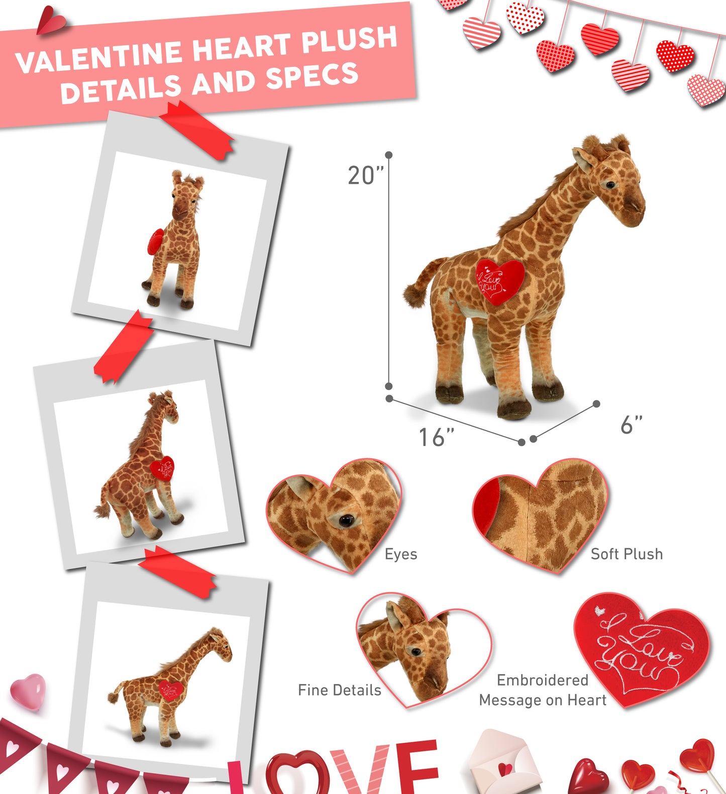 PLUSH I LOVE YOU RED HEART - WILD COLLECTION PLUSH - GIRAFFE 20"