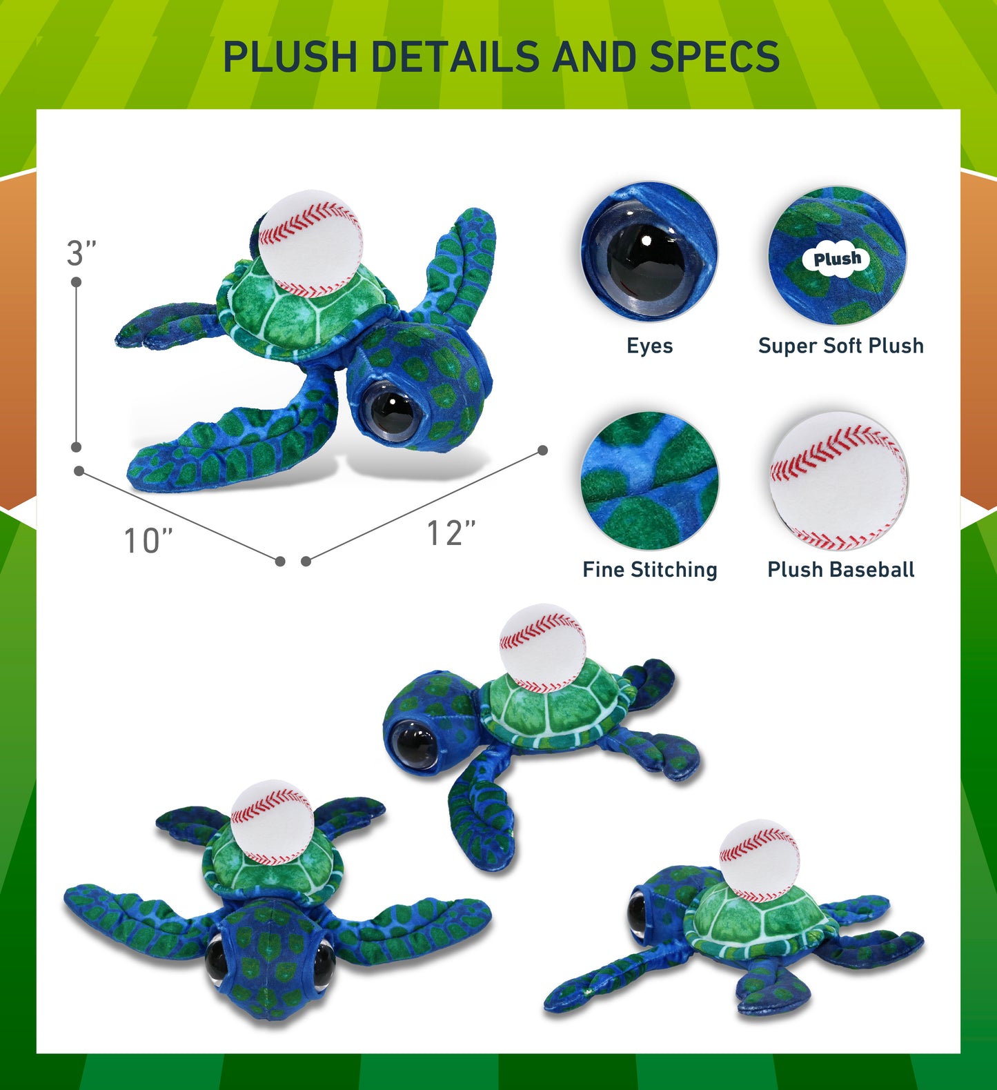 WILD COLLECTION PLUSH - BLUE SEA TURTLE 10" WITH BASEBALL PLUSH