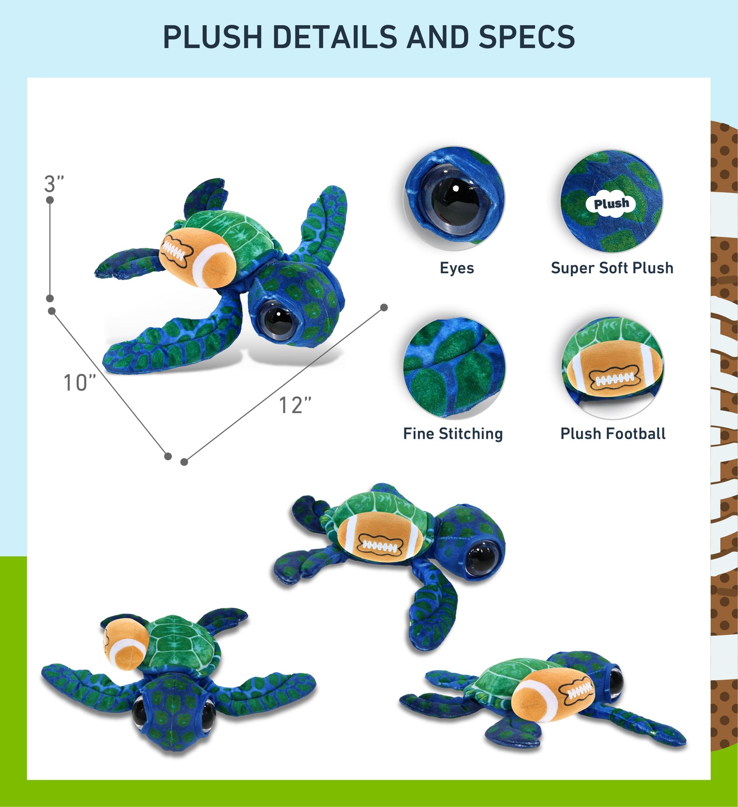WILD COLLECTION PLUSH - BLUE SEA TURTLE 10" WITH FOOTBALL PLUSH