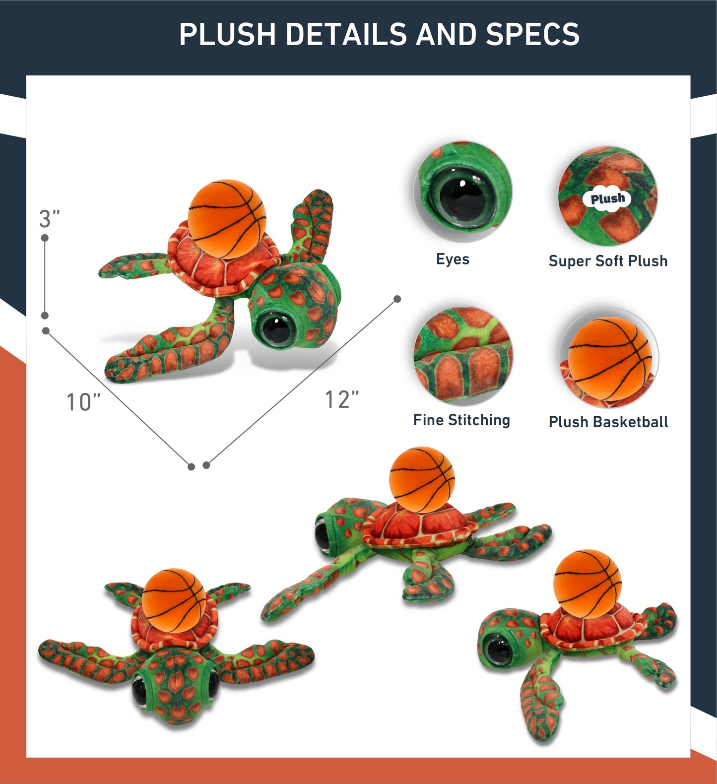 WILD COLLECTION PLUSH - ORANGE SEA TURTLE 10" WITH BASKETBALL PLUSH