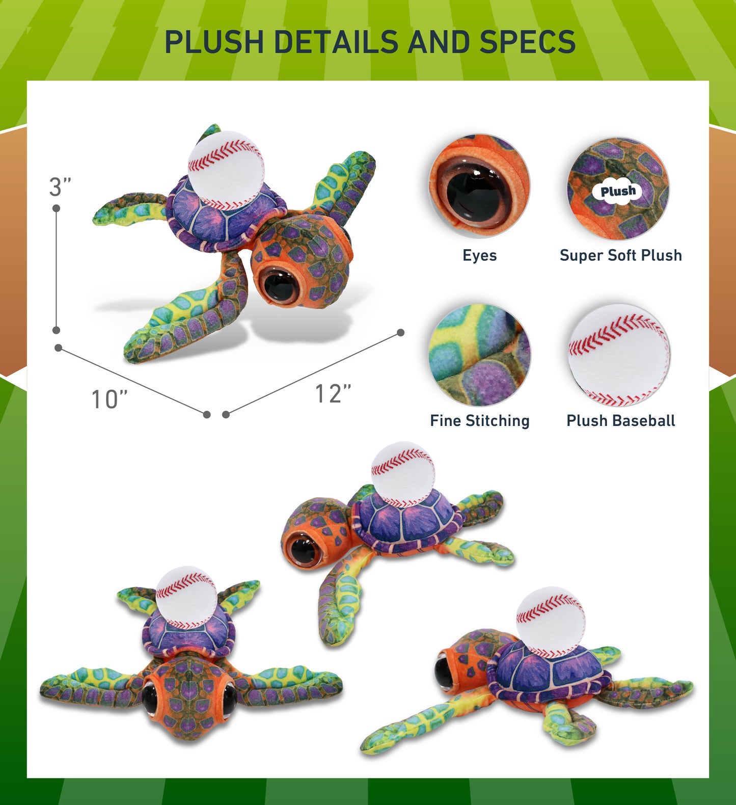 WILD COLLECTION PLUSH - COLORFUL SEA TURTLE 10" WITH BASEBALL PLUSH