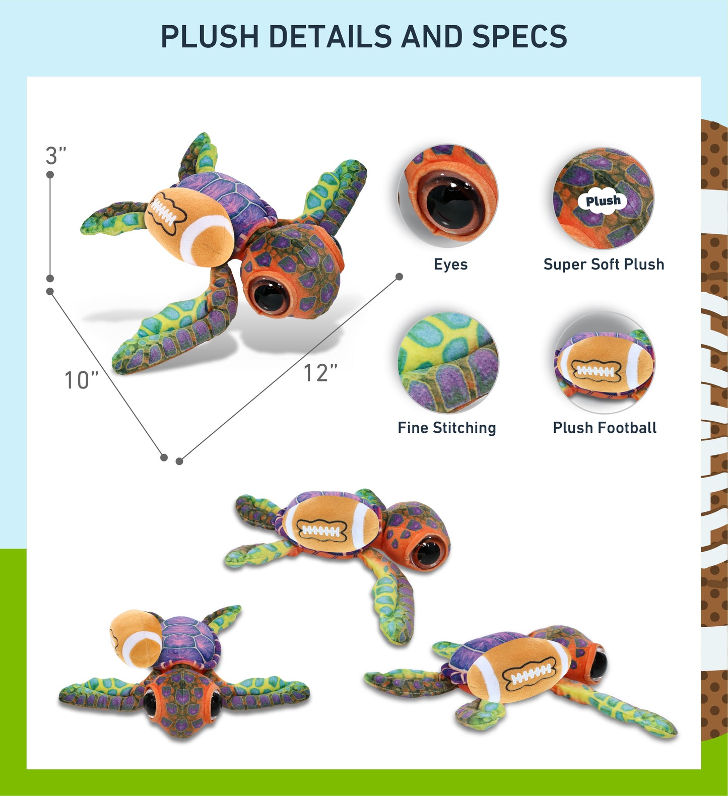 WILD COLLECTION PLUSH - COLORFUL SEA TURTLE 10" WITH FOOTBALL PLUSH