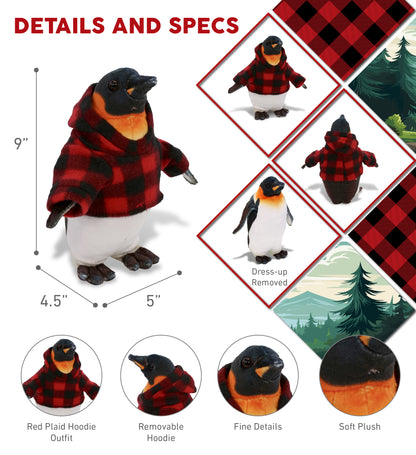 WILD COLLECTION PLUSH - PENGUIN 9" WITH RED PLAID HOODIE