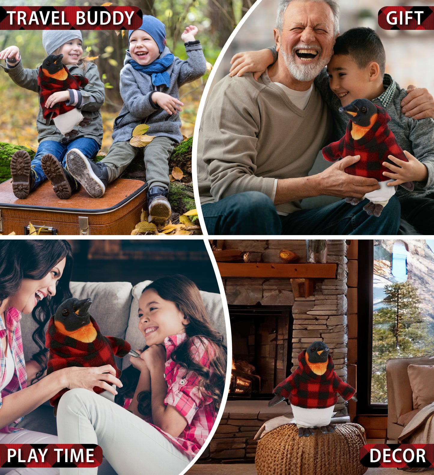 WILD COLLECTION PLUSH - PENGUIN 9" WITH RED PLAID HOODIE