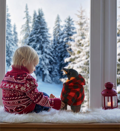 WILD COLLECTION PLUSH - PENGUIN 9" WITH RED PLAID HOODIE