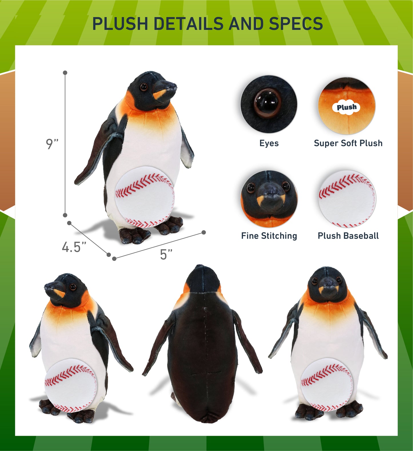WILD COLLECTION PLUSH - PENGUIN 9" WITH BASEBALL PLUSH