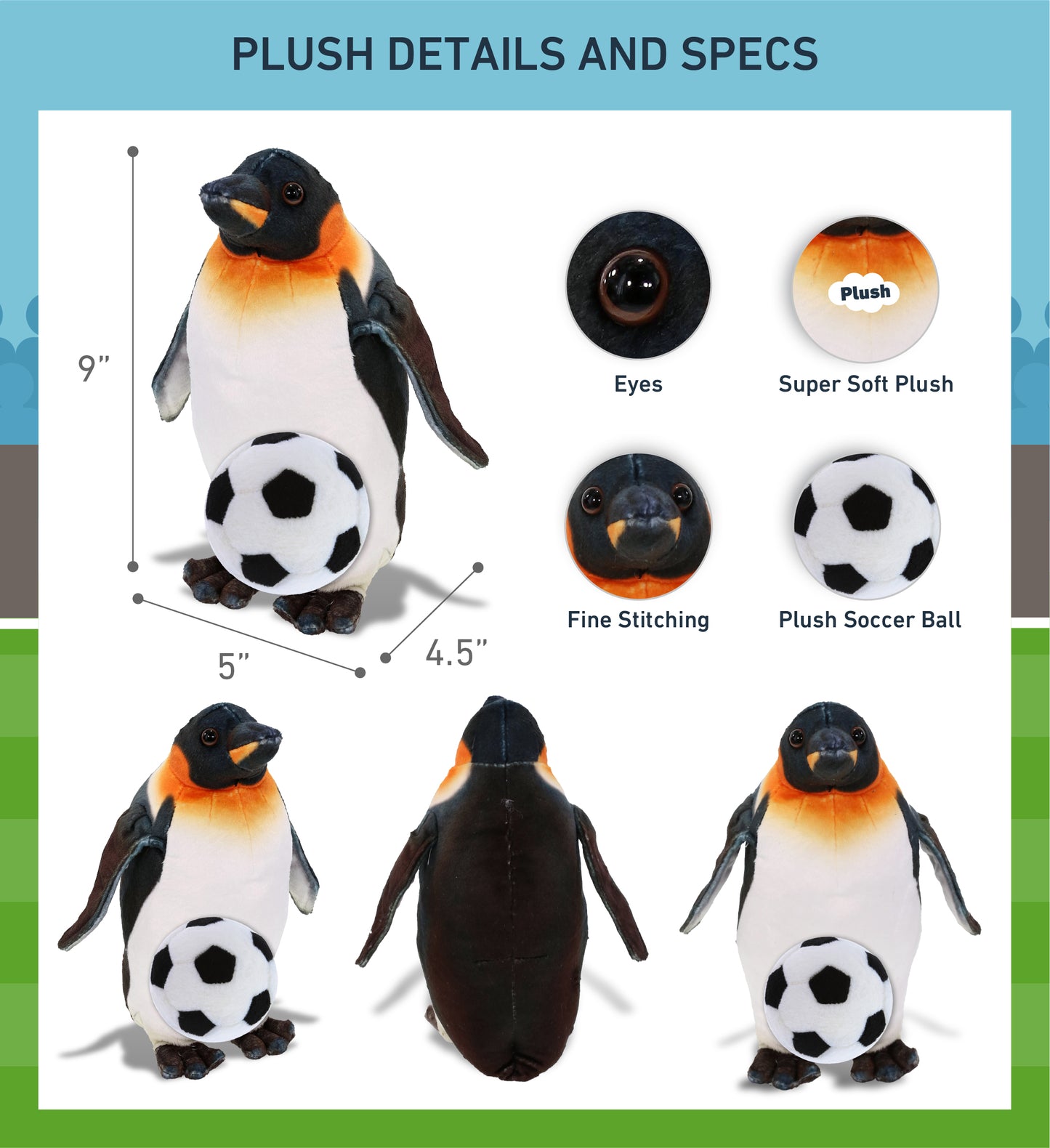 WILD COLLECTION PLUSH - PENGUIN 9" WITH SOCCER PLUSH