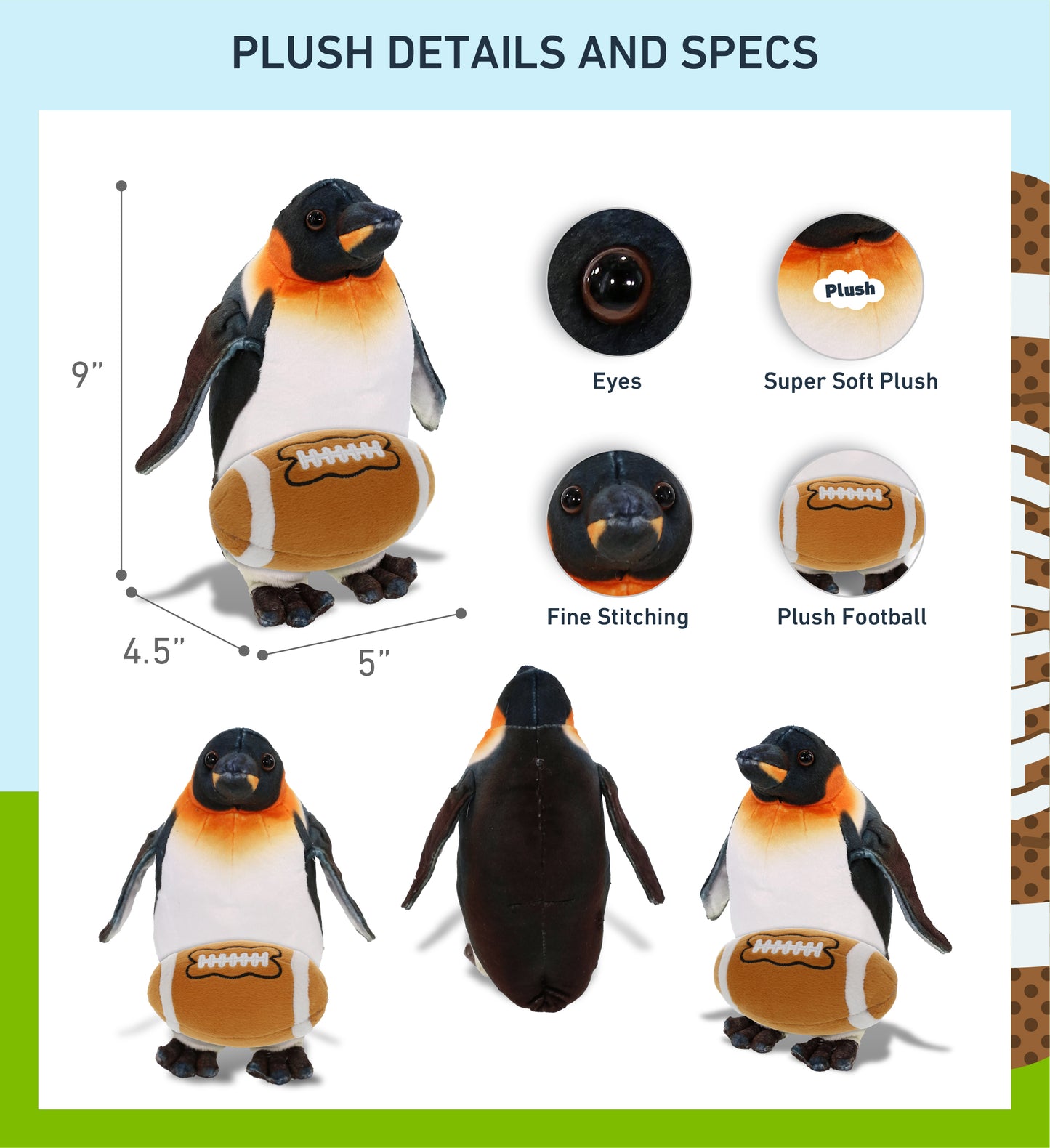 WILD COLLECTION PLUSH - PENGUIN 9" WITH FOOTBALL PLUSH