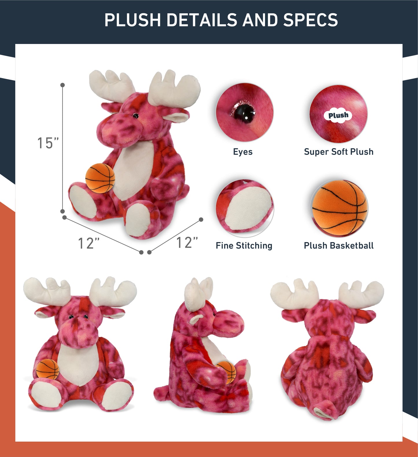 SUPER-SOFT PLUSH - PINK TIE-DYE MOOSE XL 17" with Basketball Plush