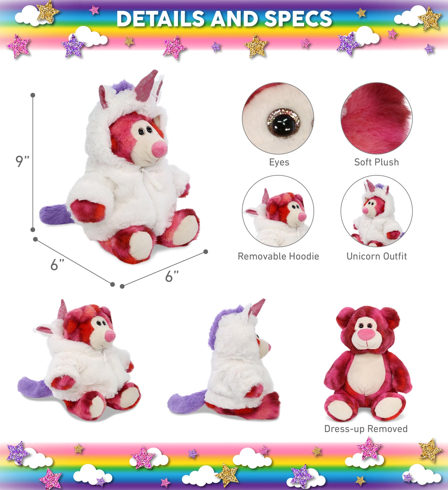 SUPER-SOFT PLUSH - PINK TIE-DYE BEAR 9" WITH UNICORN DRESS UP