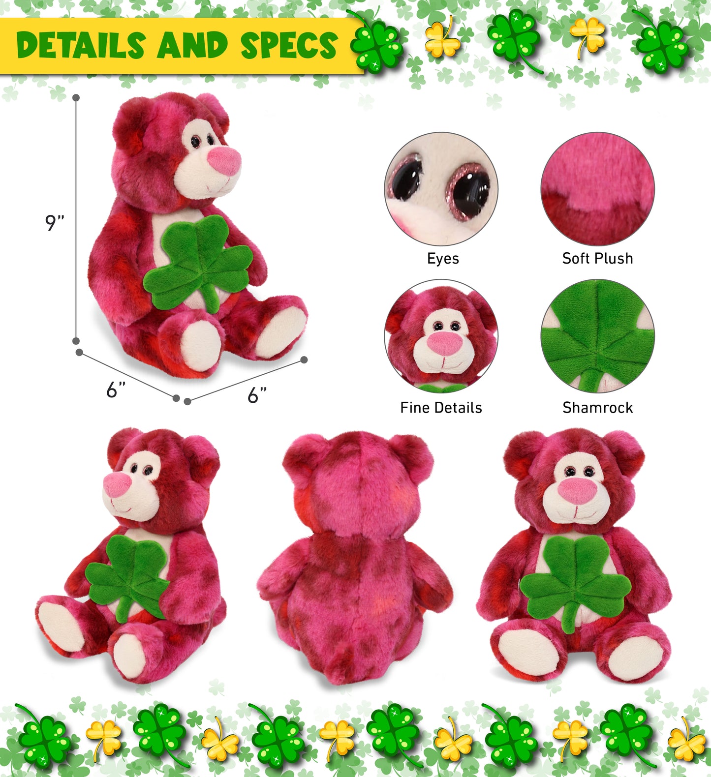 DolliBu Pink Tie-Dye Bear Stuffed Animal with Green Plush Shamrock - 9 Inches