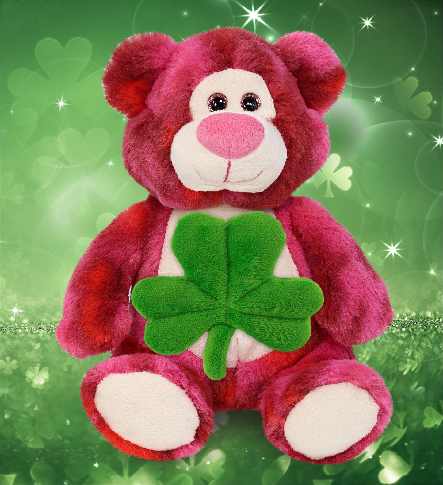 DolliBu Pink Tie-Dye Bear Stuffed Animal with Green Plush Shamrock - 9 Inches