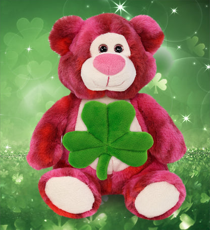 DolliBu Pink Tie-Dye Bear Stuffed Animal with Green Plush Shamrock - 9 Inches