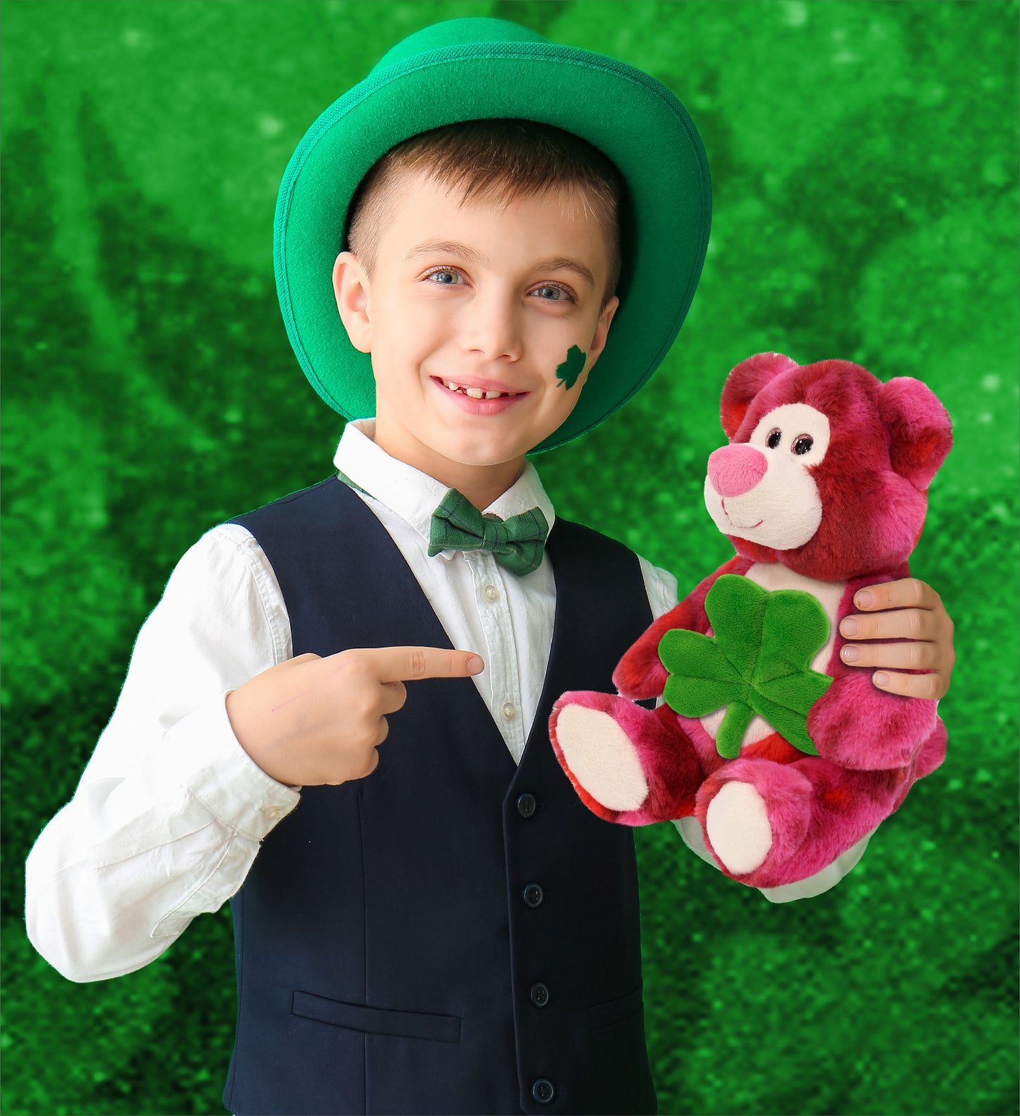 DolliBu Pink Tie-Dye Bear Stuffed Animal with Green Plush Shamrock - 9 Inches